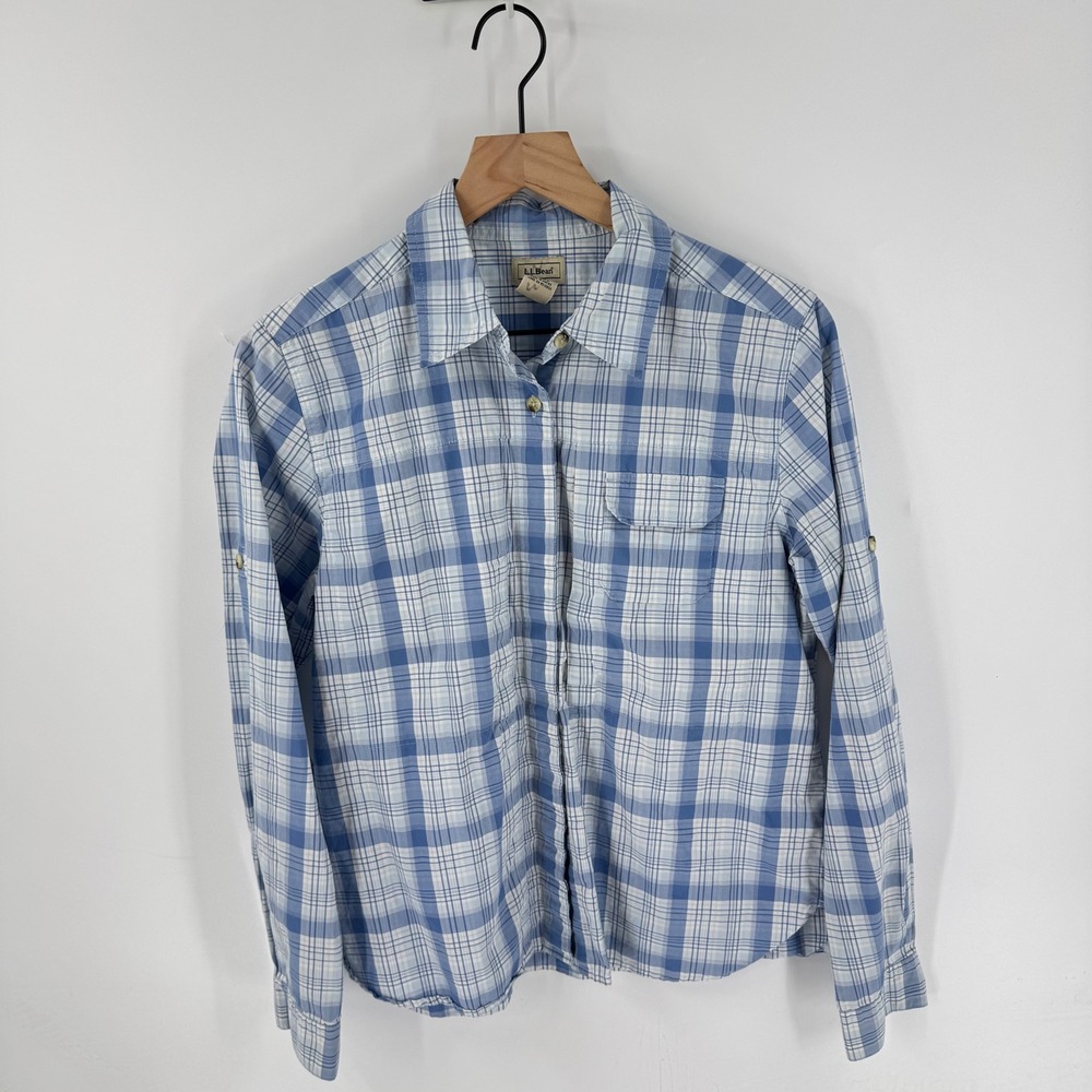 L.L. Bean Blue White Plaid Cotton Button Down Shirt Size M Coastal Heritage